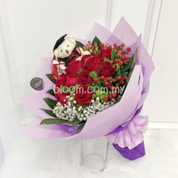 Graduation Bouquet 08 (2 Bear + 24 Pink Rose)